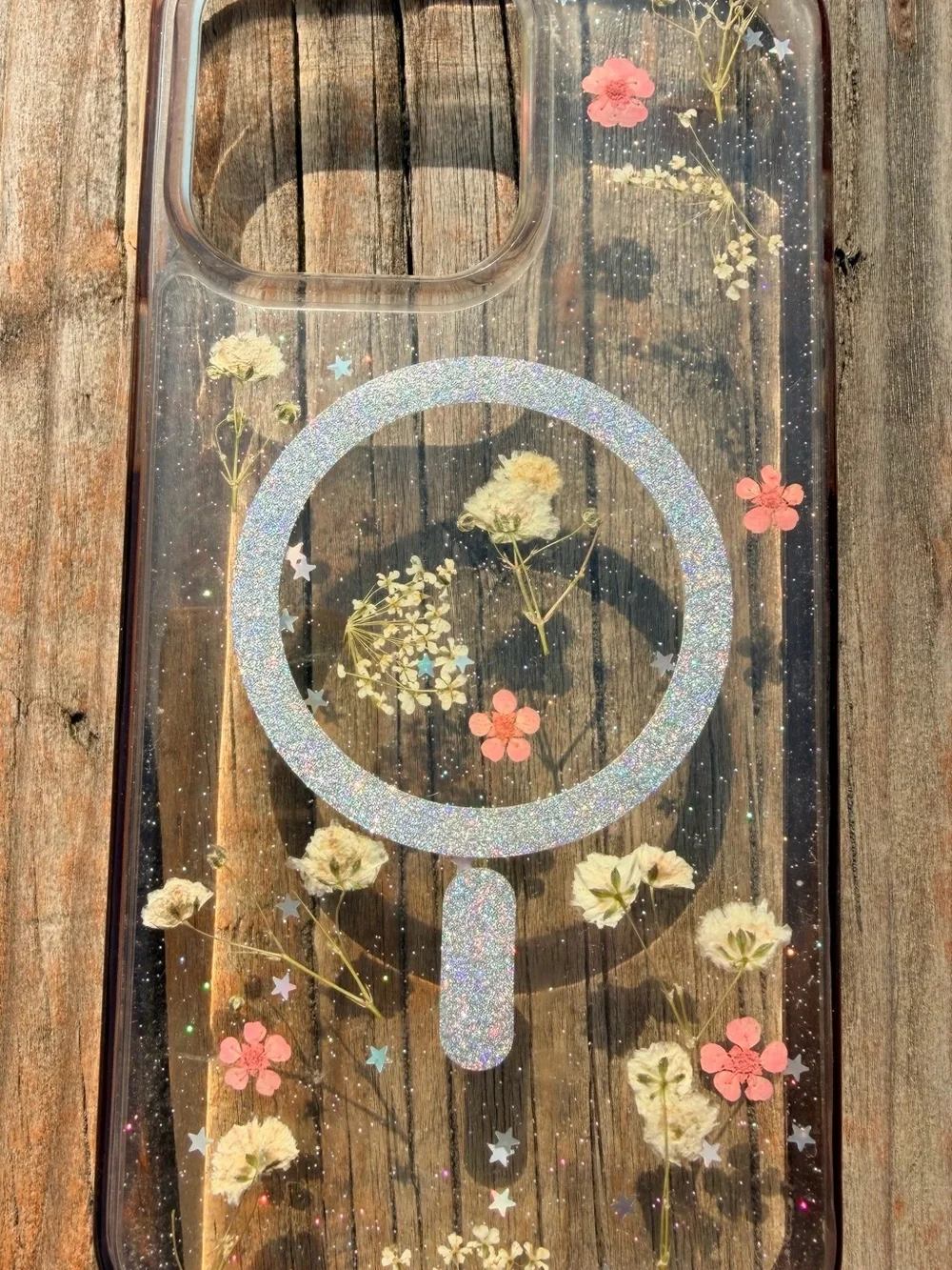 Clear Floral iPhone Case with Glitter Ring